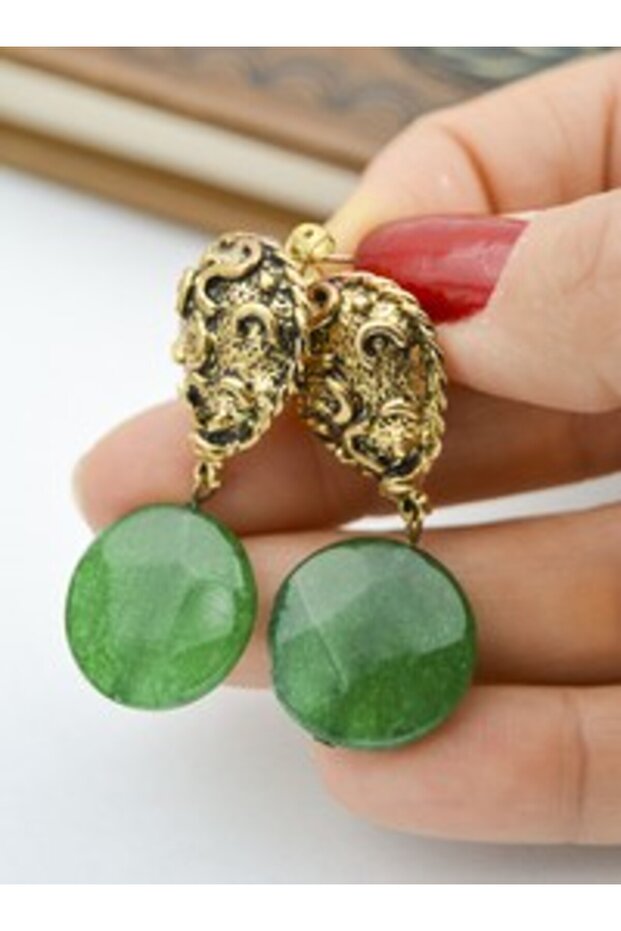 Green Stone Design Earrings - Multicolor -