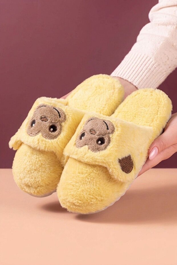 Borni Yellow Monkey Scarf Detailed Plush Women's Winter House Slippers