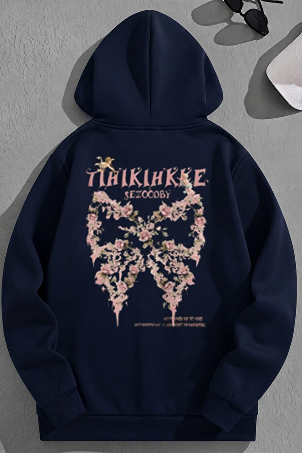 Unisex 3 Thread Cotton Navy Blue Thikihkke Print Loose Fit Sweatshirt Hoodie