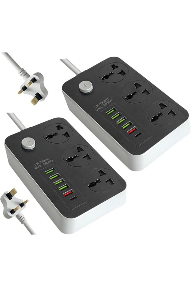 شريط طاقة SKY-TOUCH مع أسلاك تمديد، قطعتان، مقبس طاقة عالمي بـ 3 منافذ و5 منافذ USB ومنفذ Type-C واحد