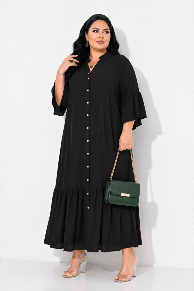Plus Size Buttoned Long Women's Dress with Flywheel Sleeves and Pockets