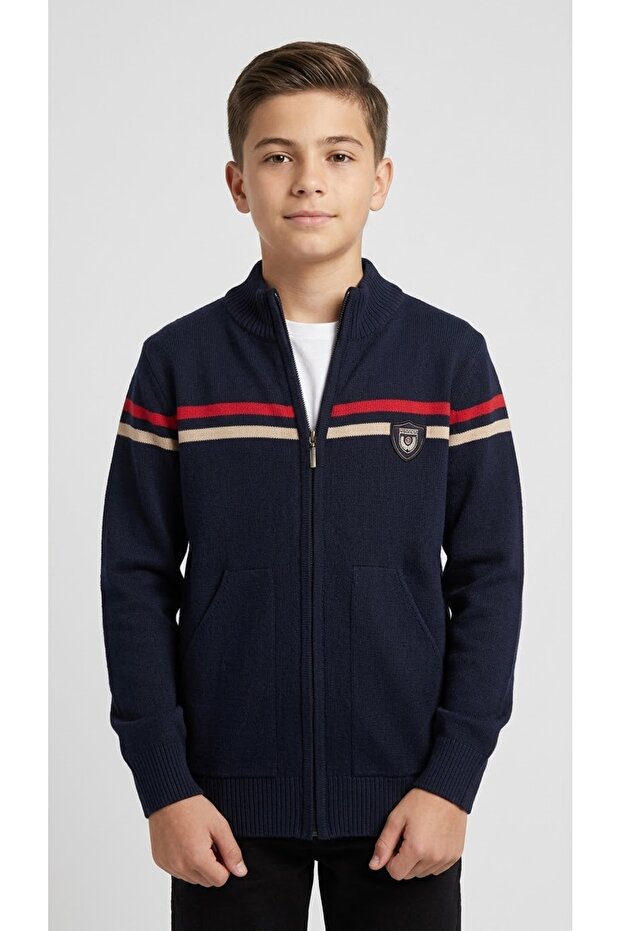 Boy's Zippered Knitwear Sweater Navy Blue 6/14 Years