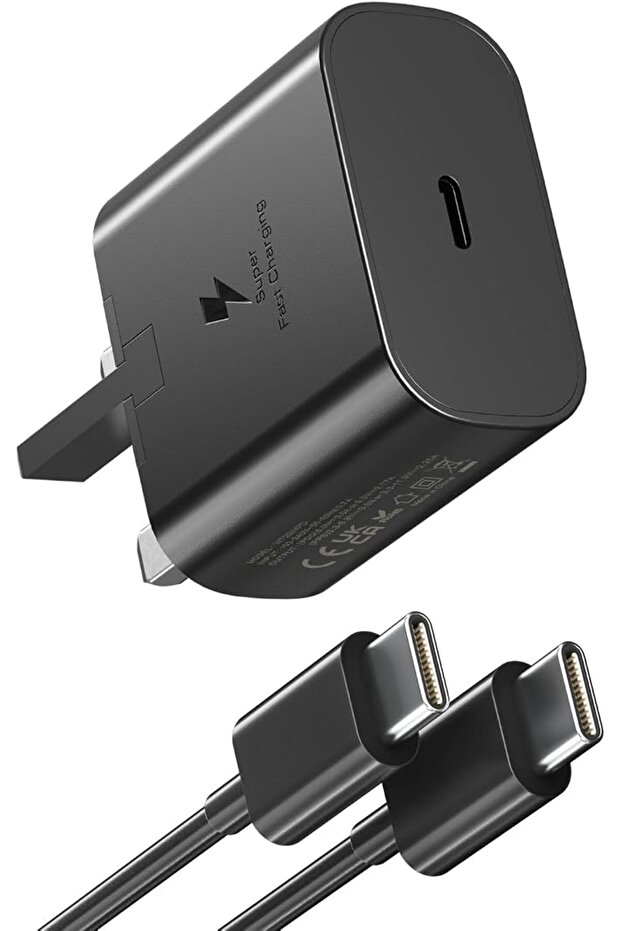شاحن سريع متوافق مع سامسونج - شاحن حائط USB C بقوة 25 واط مع كابل C إلى C بطول 3 أقدام، شاحن سريع من النوع C