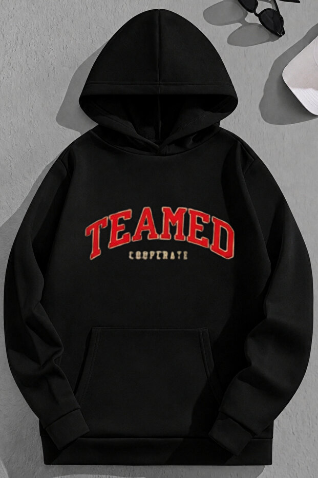 Unisex 3 Thread Cotton Black Teamed Print Loose Fit Sweatshirt Hoodie