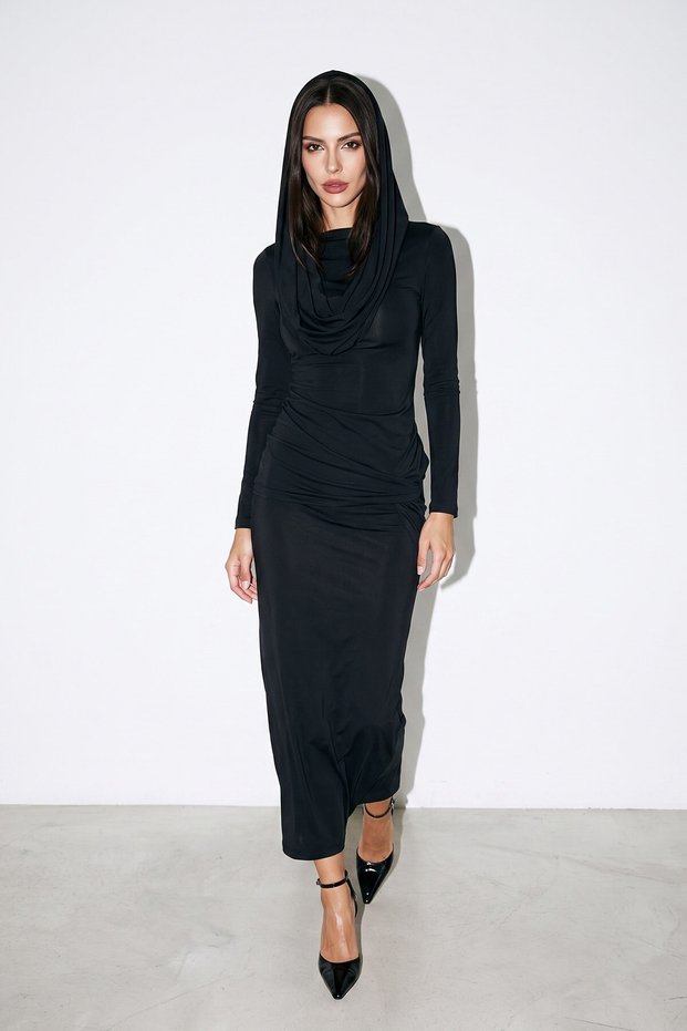 Black Draped Detailed Long Sleeve Midi Dress