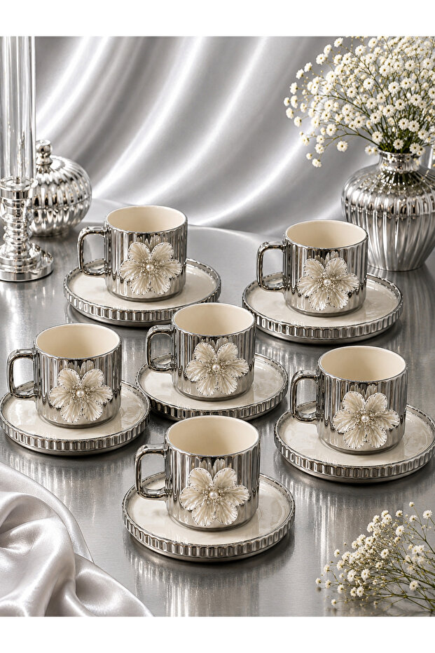 6-Person Porcelain Platinum Plated Luxury Lotus Coffee Cup Set Striped Model 100ml