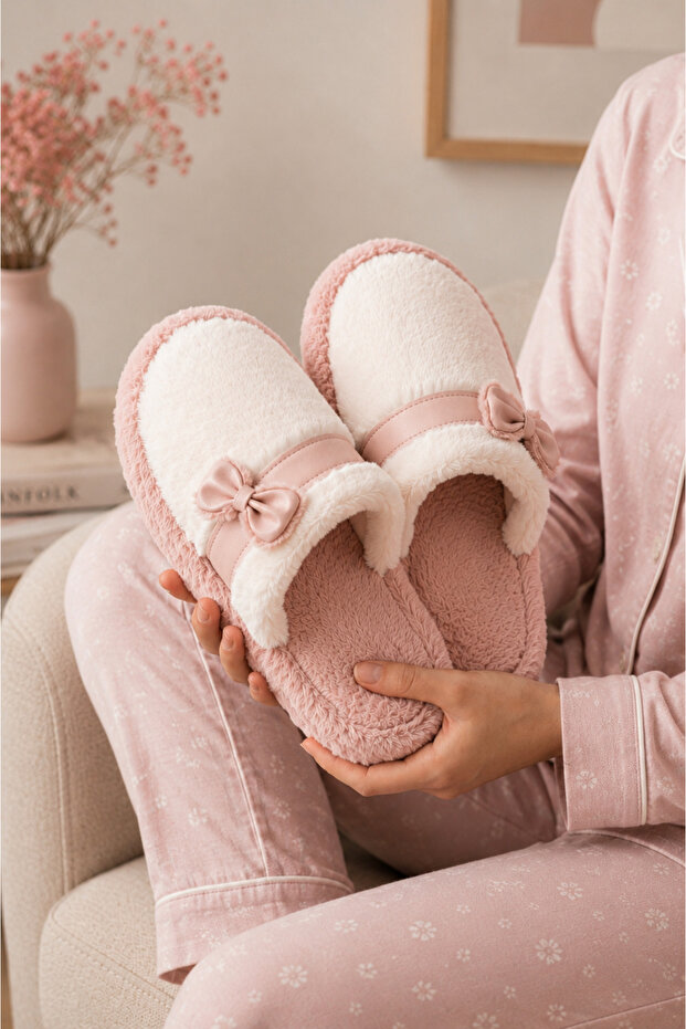 Women'S, Soft, Plush, Bow Detail, Warm, Comfortable, House Slippers