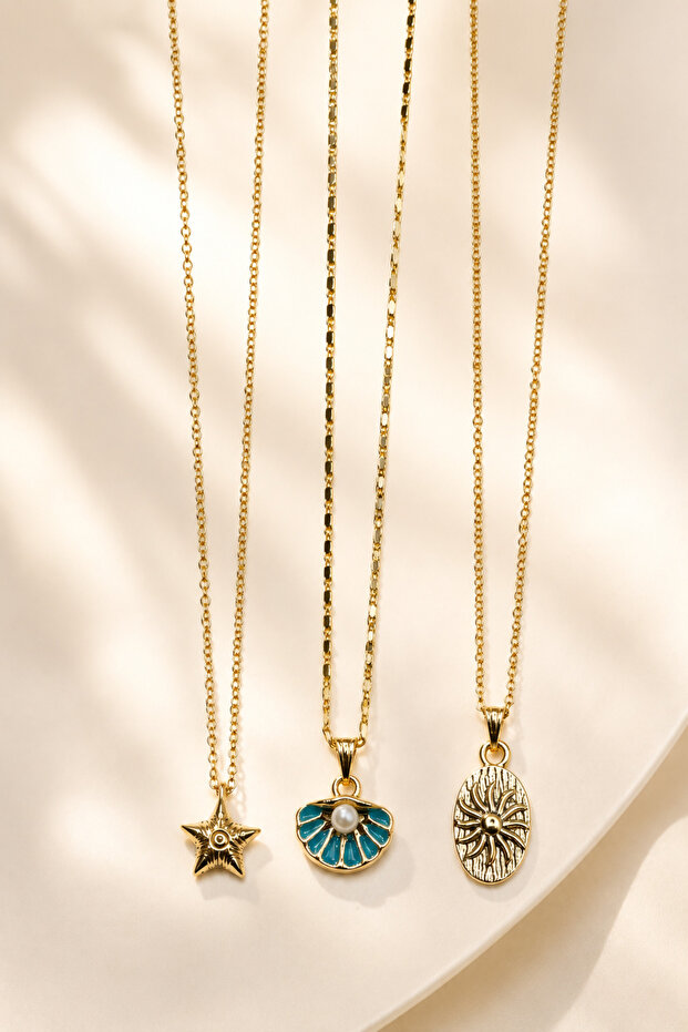 June Vintage 3-Piece Necklace Set Gold-Blue