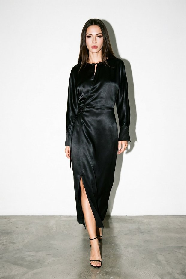 Black Chinese Button Detail Long Sleeve Dress
