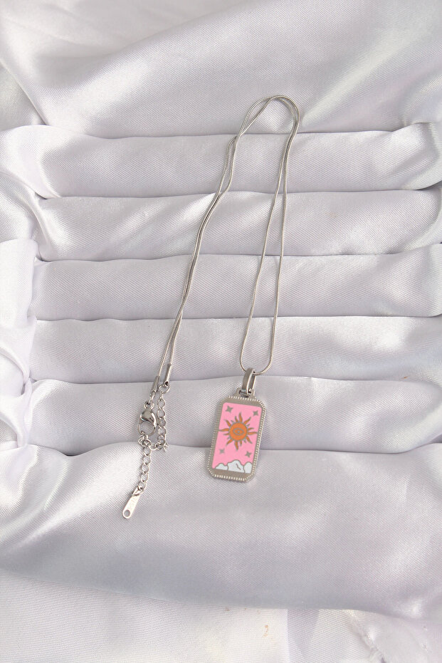 316L Steel Silver Color Pink Enamel Sun Model Tarot Necklace -