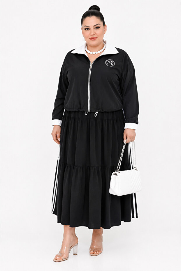 Plus Size Contrast Collar Zippered Jacket Sleeveless Dress Sporty Stylish Women's Two Piece Set