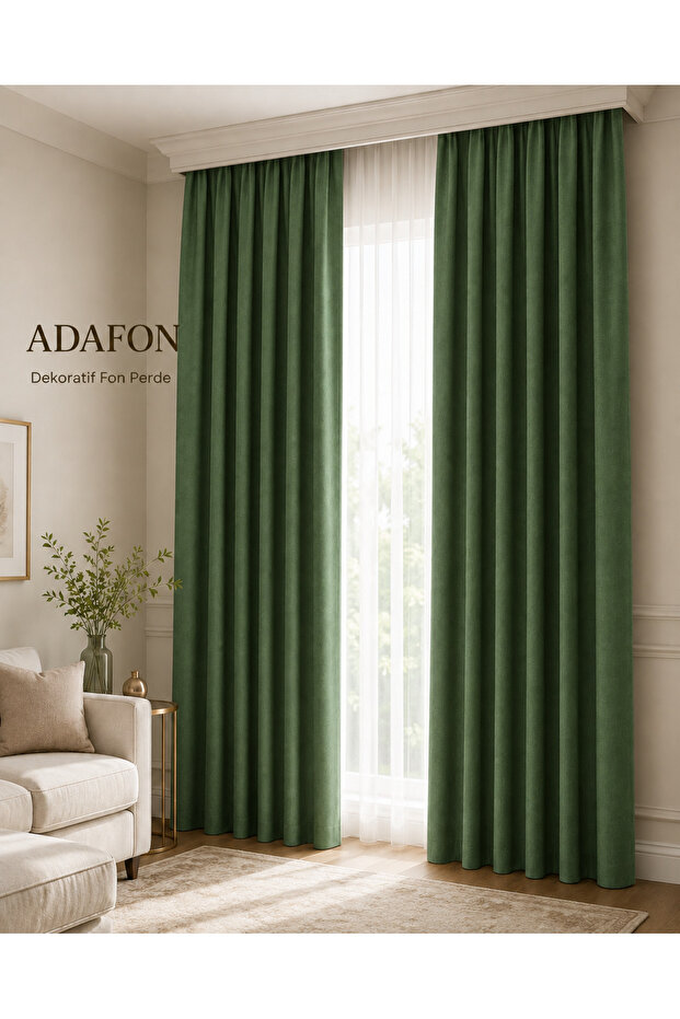 Green Adafon Soft Velvet Textured Cornice Stylish Decorative Living Room Curtain Background Curtain