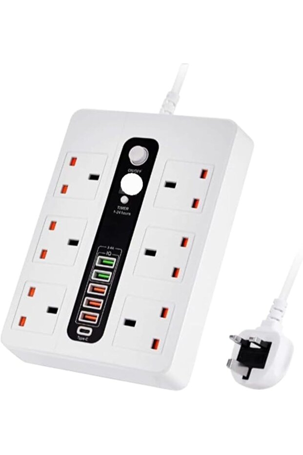 وصلة تمديد كهربائية بـ 4 منافذ مع شحن USB، طول 5 أمتار، منفذ USB-C واحد ومنفذين USB-A، قابس بريطاني ثلاثي الأسنان