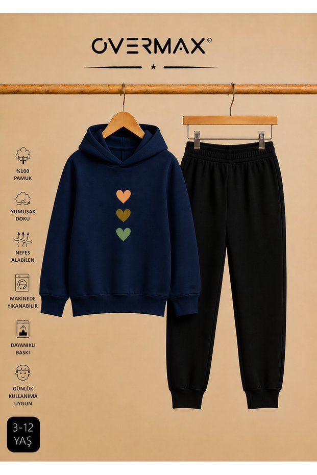 Children's Cute Hearts Printed Hooded Sweatshirt & Sweatpants Set – Ages 3-12