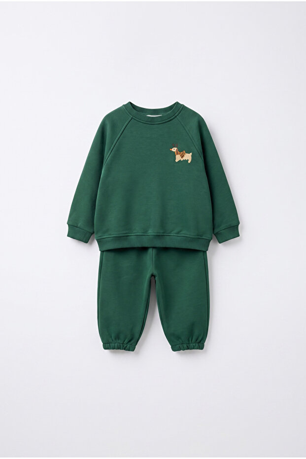 Baby Cotton Dog Embroidered Green School Sweatshirt and Sweatpants Set