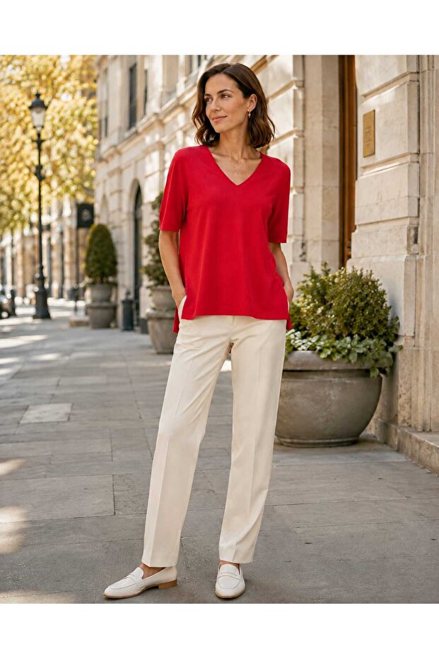 Women's V-Neck Half Sleeve Mercerized Thin Knitwear Blouse