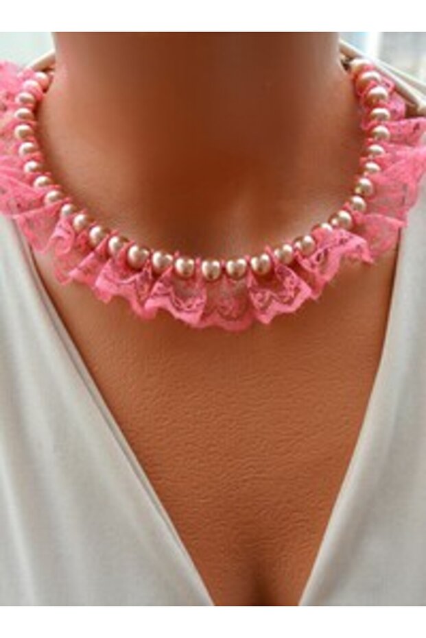 Pearl lace necklace - pink -