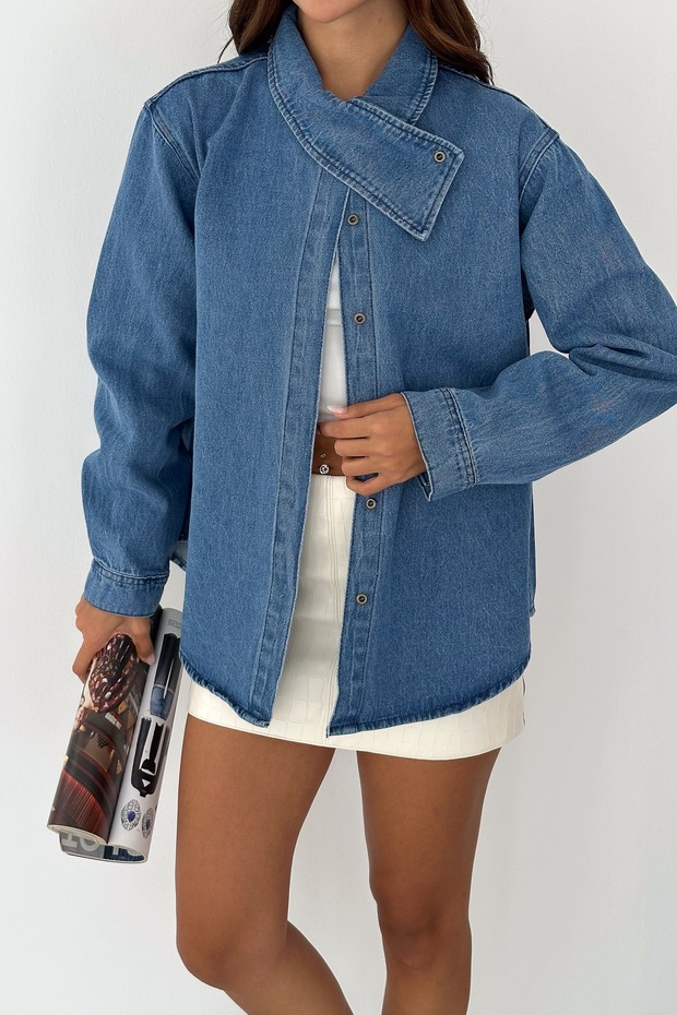 Women's Double-Breasted Collar Detailed Oversize Slim Jean Jacket