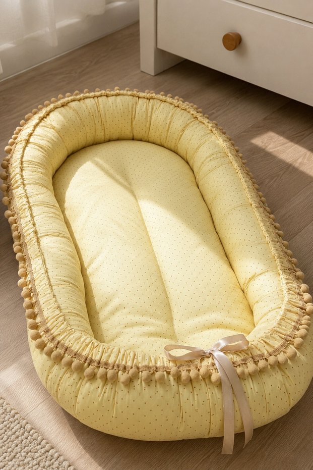 Yellow Polka Dot 100% Cotton Baby Nest 90X55 cm – Baby Bed with Pompom Detail for 0-2 Years Old Babies