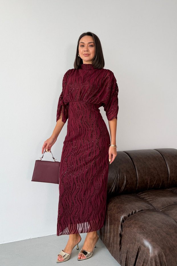 Burgundy Half Sleeve Sequin Embroidered Midi Dress