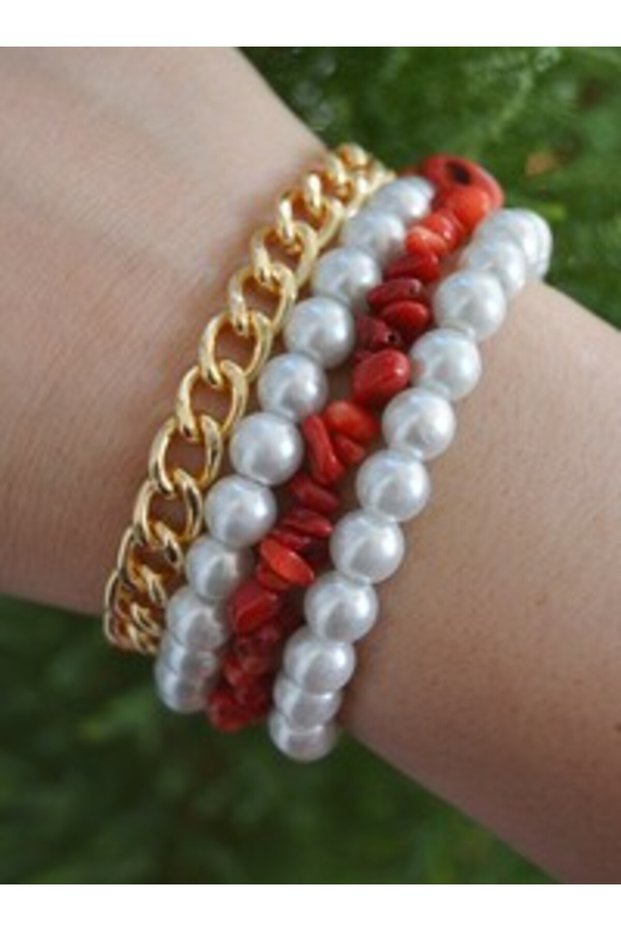 Coral and Glass Pearl Bracelet Set - Multi-Colored