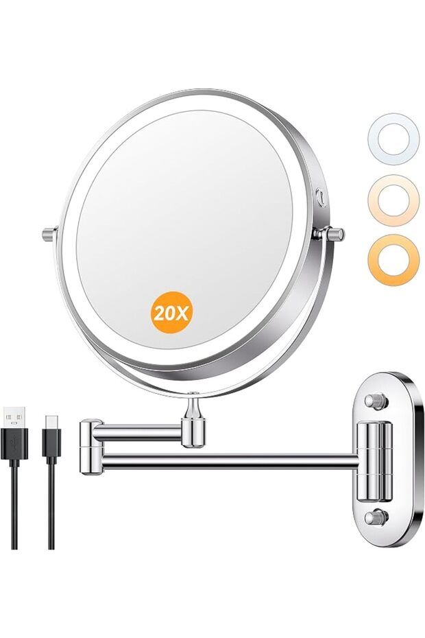 8'' Wall Mounted Lighted Makeup Mirror, 1X/20X, Chrome