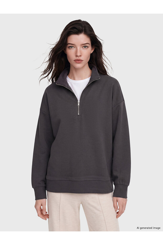 Ozmarka New Season Anthracite High Collar Soft Touch Women's Sweatshirt