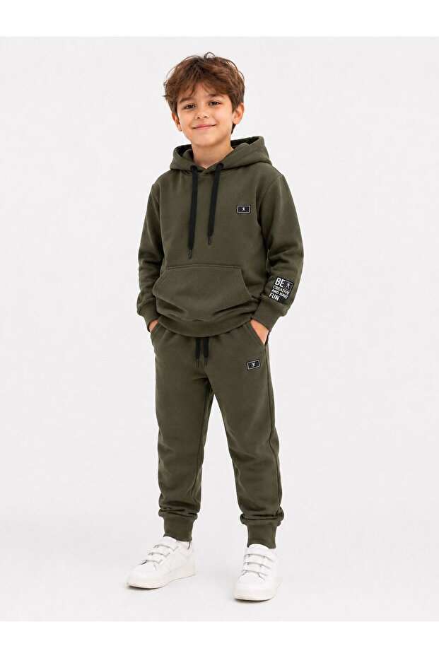 H&C Boys' Khaki Hooded Printed Tracksuit Set Sweatshirt and Jogger Bottom
