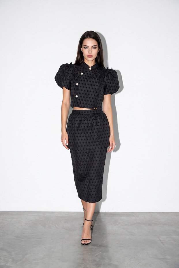Black Pearl Button Detailed Balloon Sleeve Blouse