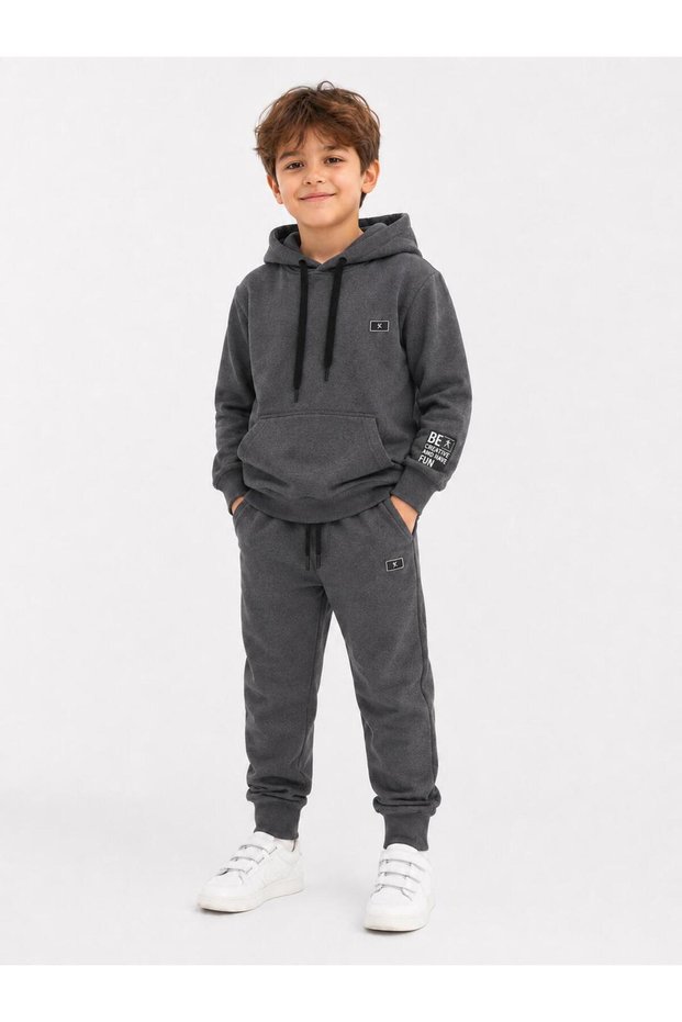 H&C Boys' Khaki Hooded Printed Tracksuit Set Sweatshirt and Jogger Bottom
