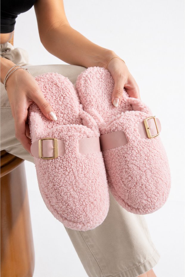 Women's plush house slippers - gold buckle, soft, silent, lightweight sole, winter slippers