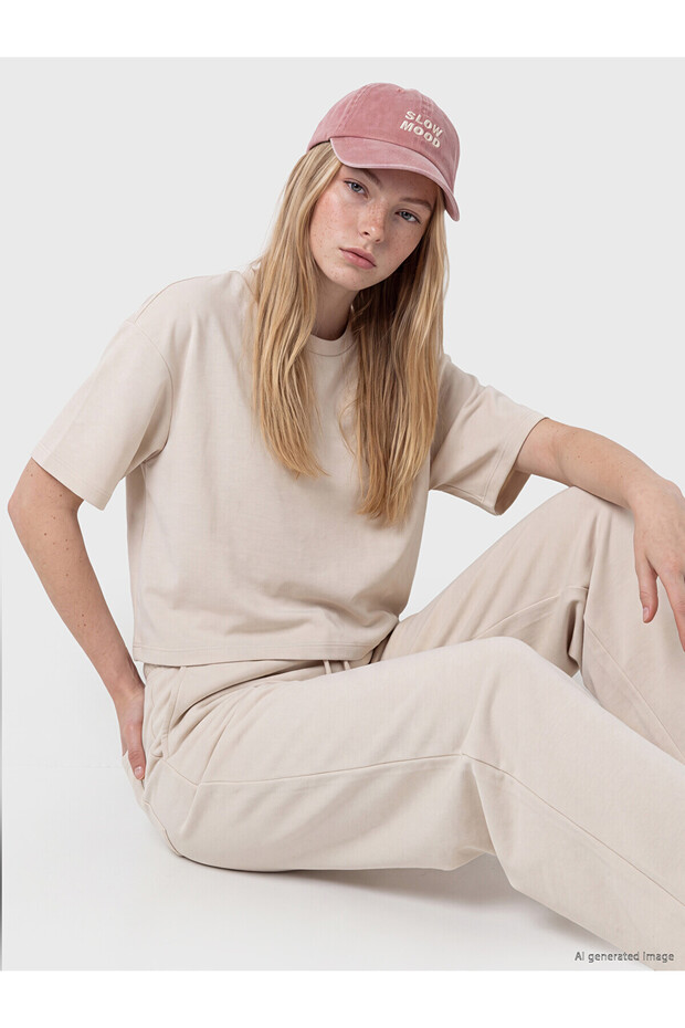 Two Mt Shop Quality Xside Beige Diver Fabric Plain Oversize Short Sleeve Women's T-Shirt
