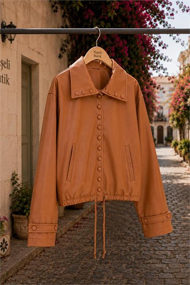 Women's Camel Modern Style Oversized Faux Leather Jacket with Snap Details Nbht02