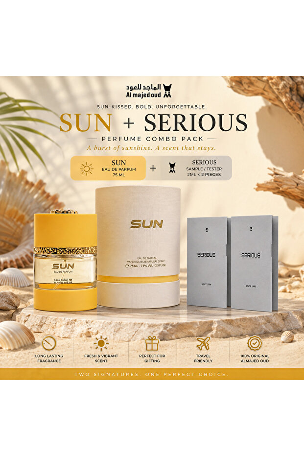Sun Eau De Parfum 75ml Unisex + Serious 2ml x 2 Tester Sample Combo | Mango, Orange Blossom & Sandalwood
