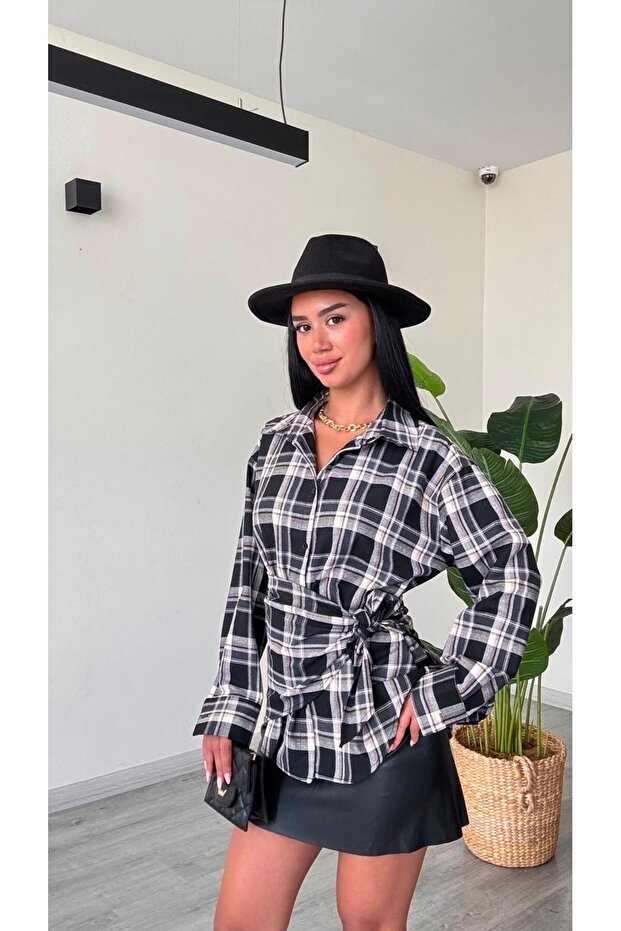 Women's Shawl Tie Detailed Buttoned Checkered Very Stylish Shirt