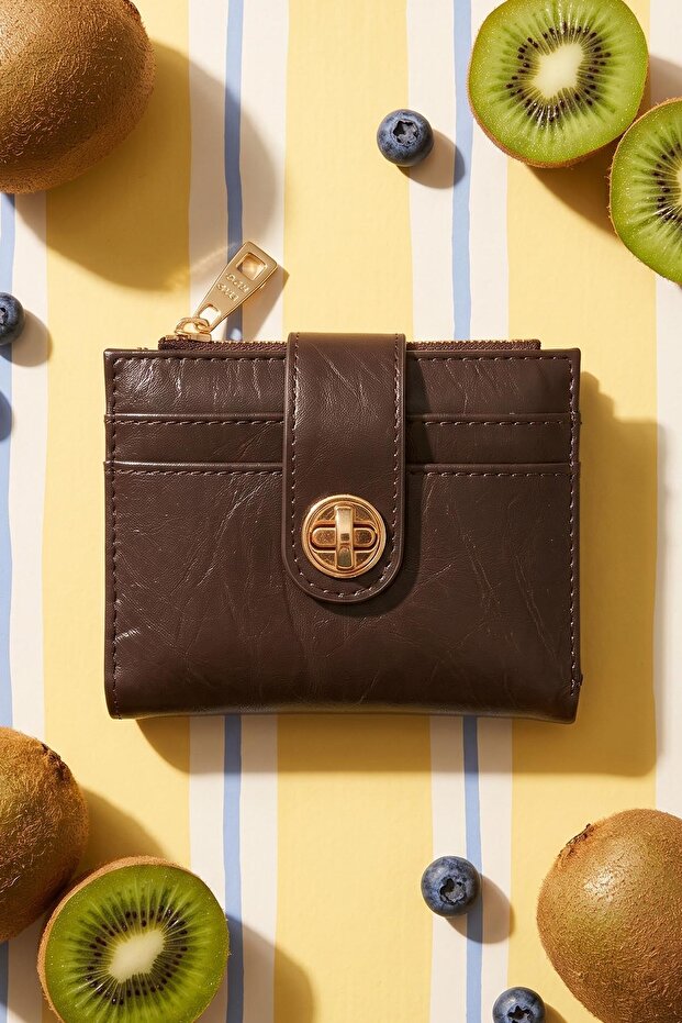 Bitter Brown Wallet with Gold Lock Closure