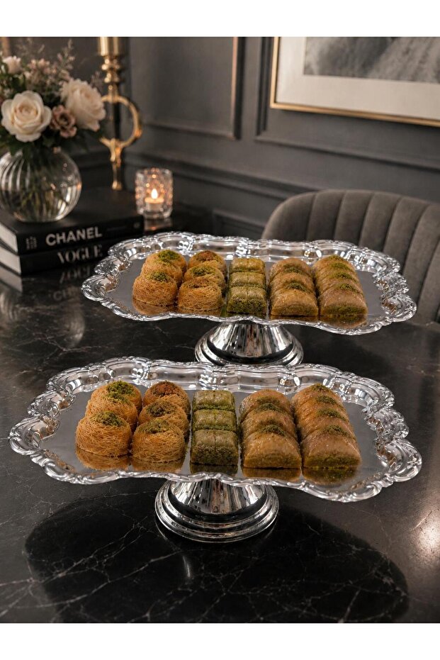 2-Piece Luxury Silver Royal Model Footed Cake, Pastry, Cookie, Dessert, Treat, Dowry Presentation Serving Stand