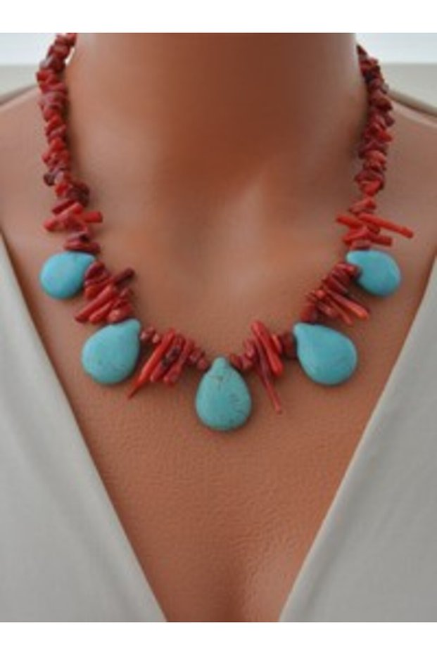 Turquoise Coral Stone Necklace - Multicolor -