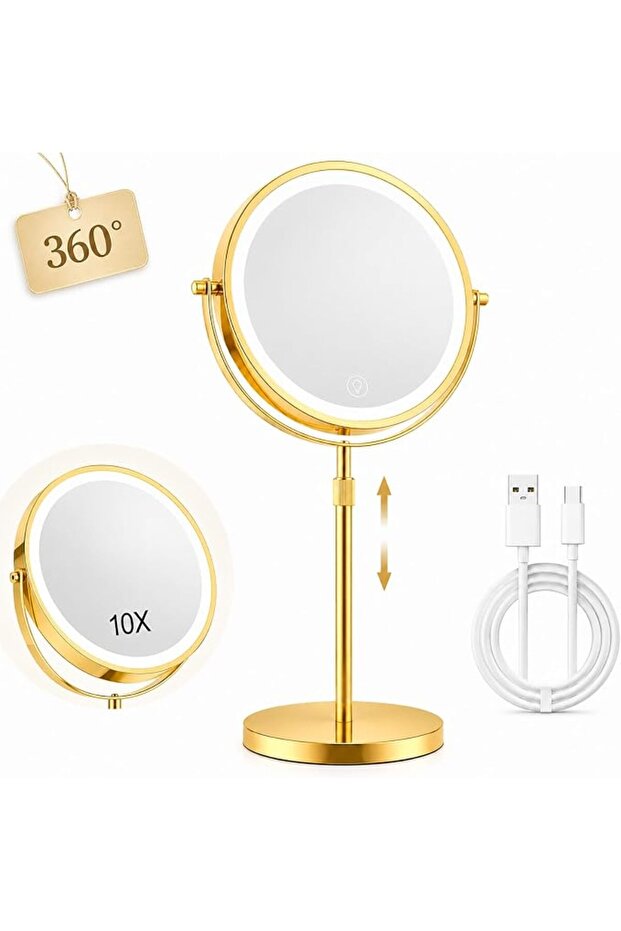 مرآة مكياج LED قابلة لإعادة الشحن مع إضاءة، قابلة لتعديل الارتفاع ودوران 360 درجة °   مصباح دوار مزدوج الجوانب