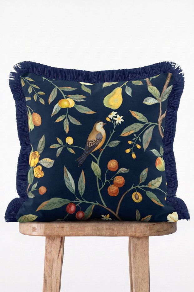 Botanical Garden Bird and Fruit Branches Themed Fringed Cushion Cover