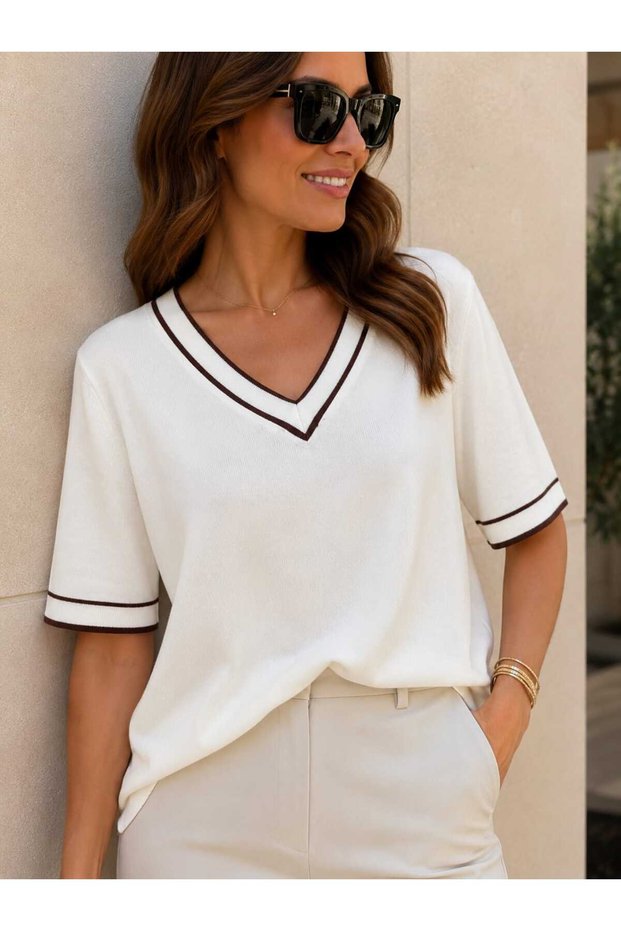Women's V-Neck Contrast Piping Detailed Half Sleeve Mercerized Knitwear Blouse