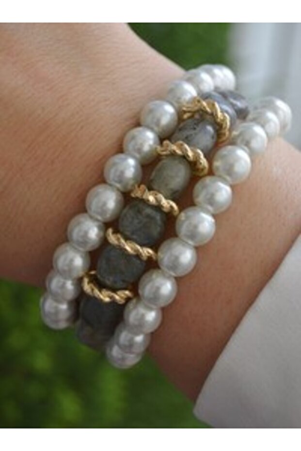 Labradorite and Onyx Bracelet Set - Multicolor -