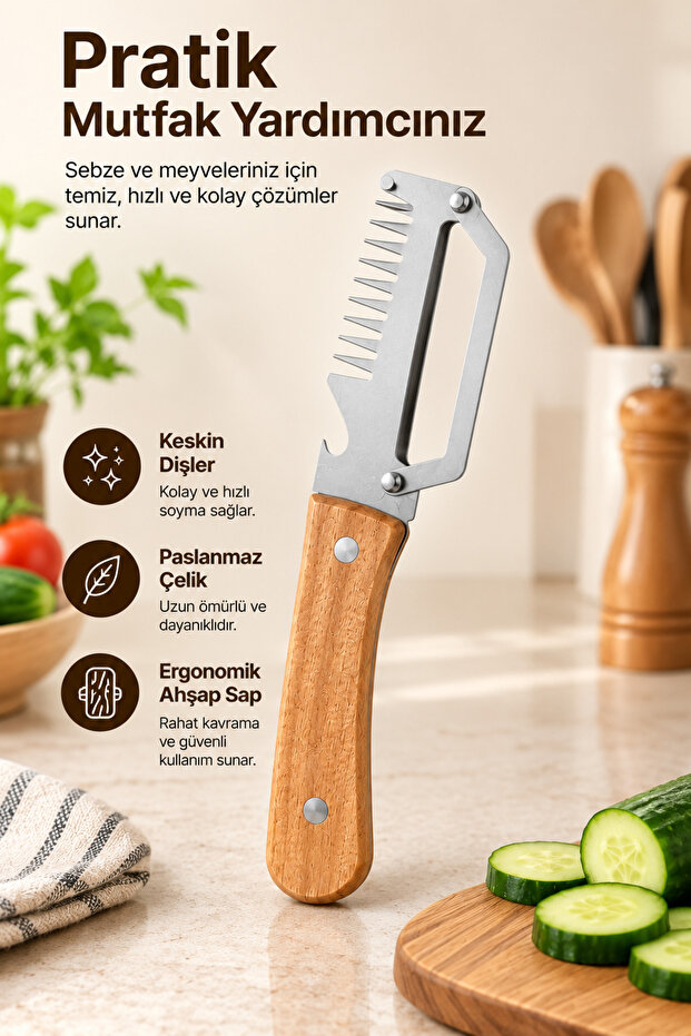 Stainless Steel Multi-Purpose Vegetable Peeler and Slicer with Wooden Handle – Julienne Cutting, Peeling, Bottle Opener