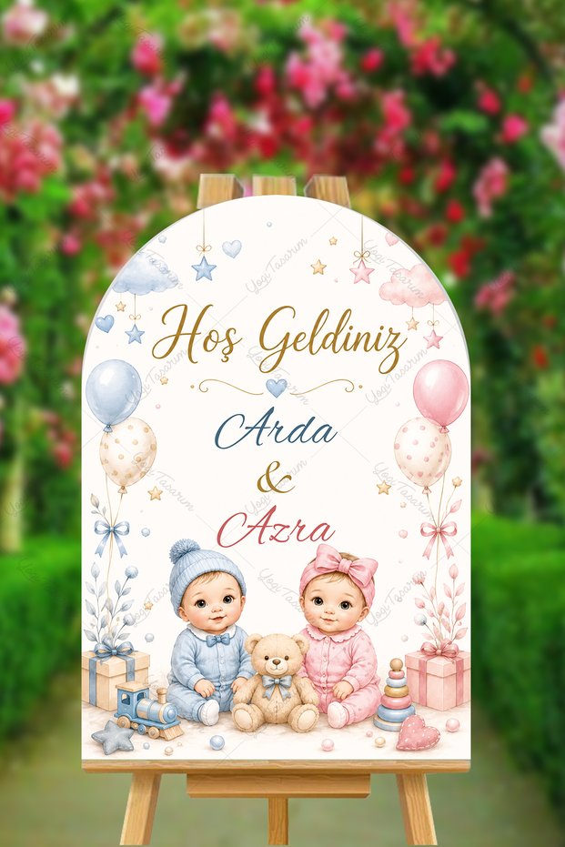 Twin Baby Boy and Girl Welcome Themed Welcome Board with Arch 50X70Cm