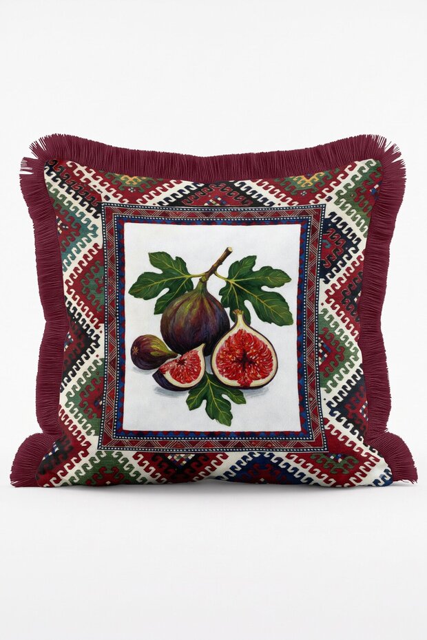 Ethnic Kilim Border-Edged Figurine Patterned Authentic Fringed Throw Pillow Cover