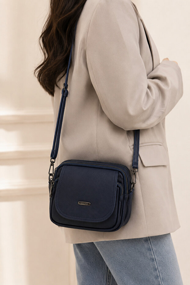 Navy Blue Color Multi-Compartment Crossbody Shoulder Bag