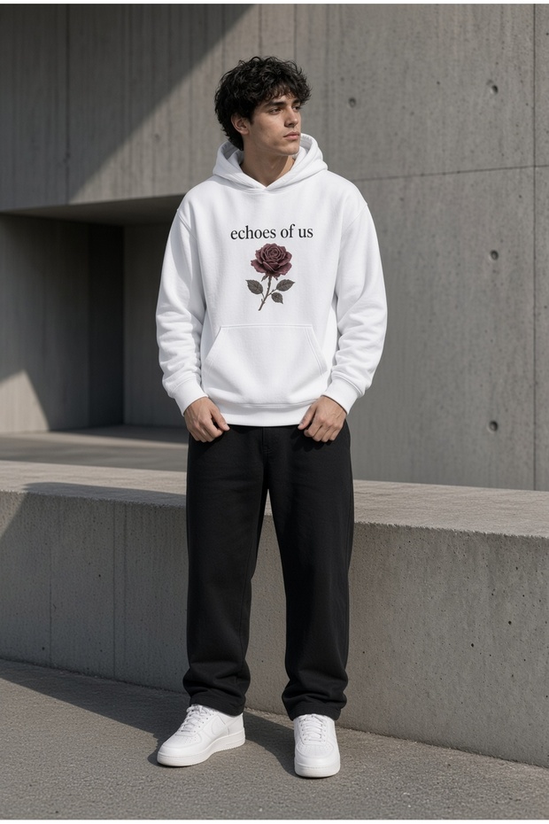 Unisex Blue 3 Thread Oversize Sweatshirt Black Wide Leg Tracksuit Set with Rose Print