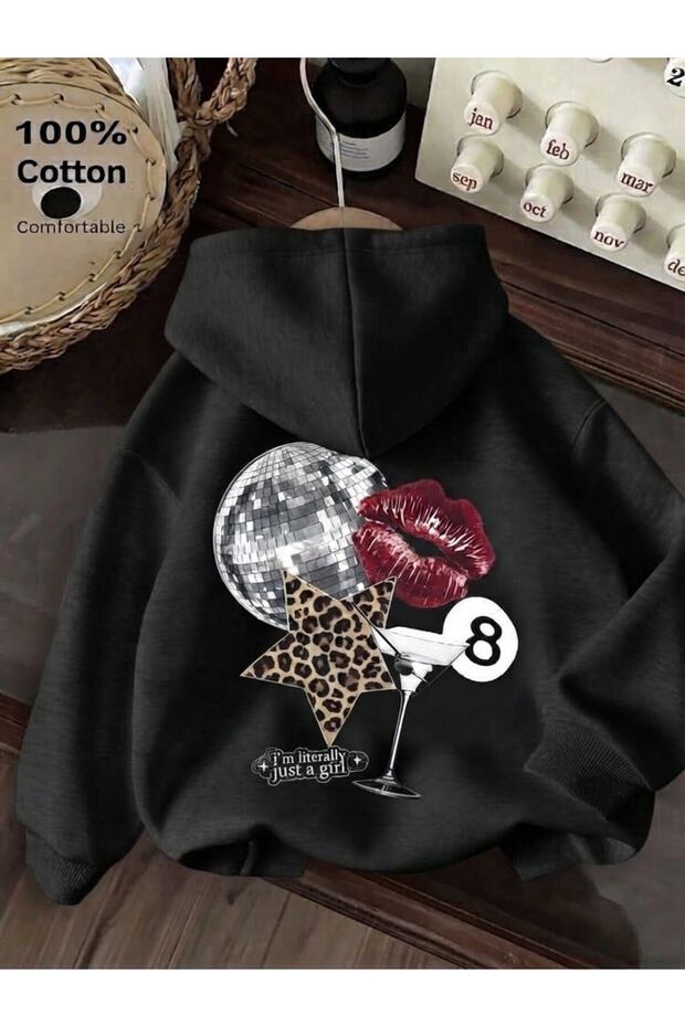 I'M Literally Just a Girl 8 Leopard Star Lip and Disco Ball Printed Hooded Sweatshirt