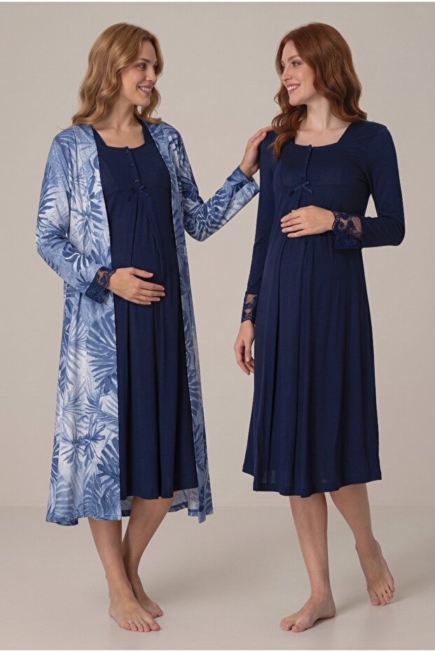 Women's Navy Blue Lace Long Sleeve Patterned Maternity Nightgown Set with Easy Breastfeeding Dressing Gown