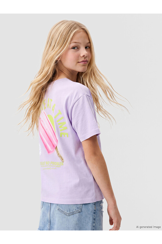Alita City Lcw Kids Lilac Oval Collar Printed Girls' T-Shirt with a Difference